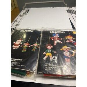 2 Bucilla Felt Applique Santa Claus Elves Sports Ornament Kit 48620 & 3586